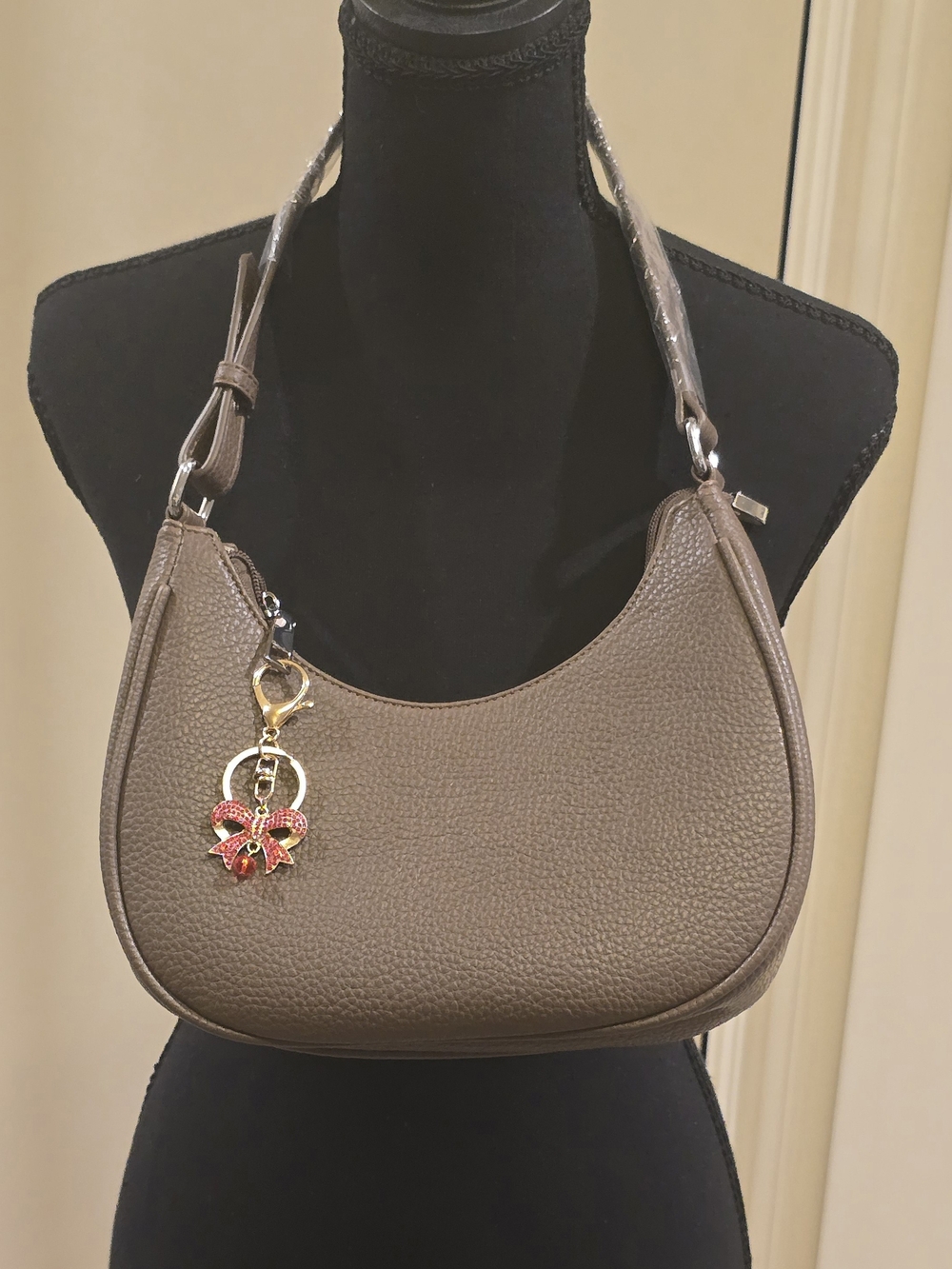 Taupe Brown Crescent Shoulder Bag with Red Bow Charm